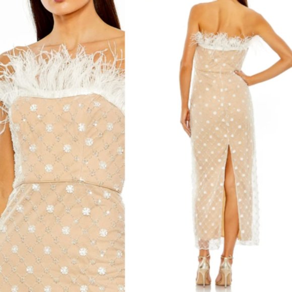 MAC DUGGAL FEATHER DETAIL BEADED STRAPLESS TULLE WHITE/BEIGE MIDI DRESS sz 2 - Picture 4 of 6